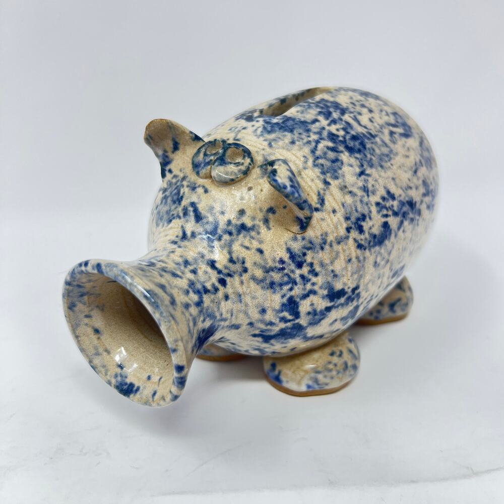 Vintage 80s Blue Spongeware Piggy Bank Stoneware Handmade Studio Pottery Pig